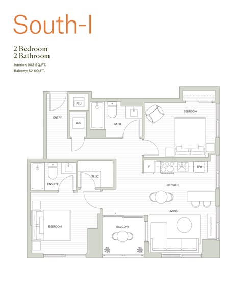 Floor plan for 2 beds, 2 baths, 902 sqft